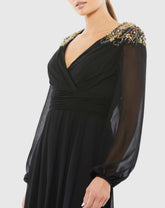 Black Embellished Shoulder Blouson Sleeve Evening Gown